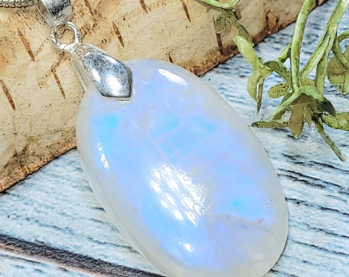 Moonstone Pendant, Blue Flash Moonstone Oval Cabochon Sterling Silver Pendant, Gift for Her, Handmade Moonstone Pendant, HT19