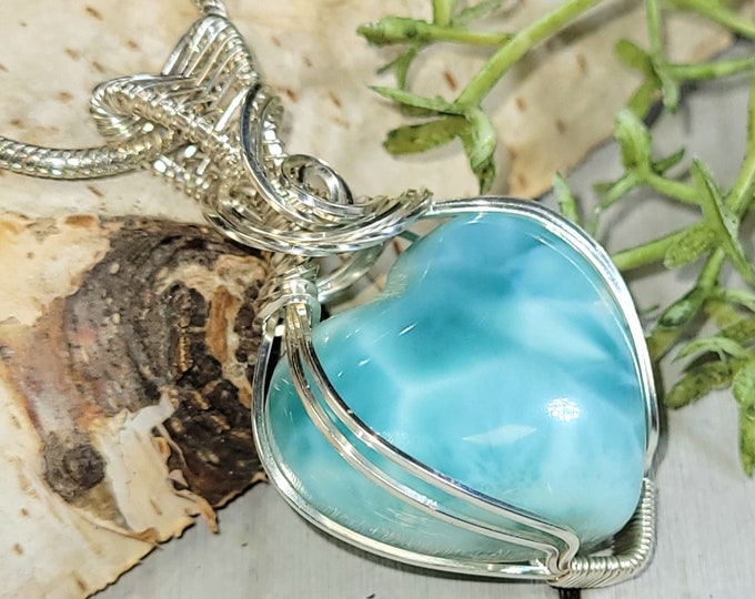 Larimar Pendant, Larimar Hand Wrapped Sterling Silver Pendant, Larimar Heart Sterling Silver Pendant, Statement Pendant, Gift for Her, HC18