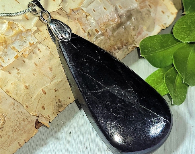 Natural Deep Purple Purpurite Pear Cabochon .925 Sterling Silver Pendant 2 1/4" x 7/8" AC33 Sterling Silver Rhodium Plated Bail