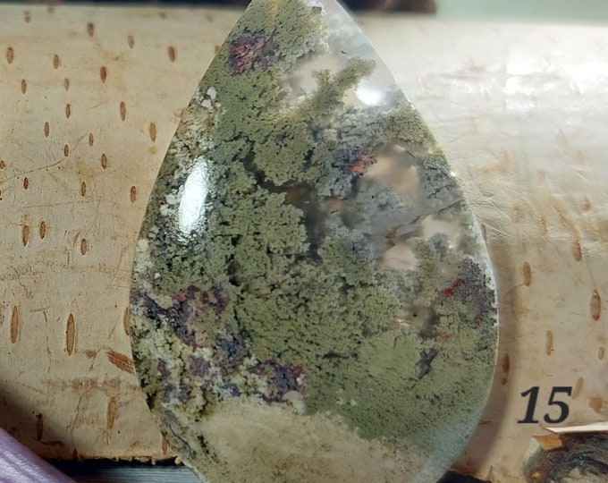 Pear Moss Agate Cabochon: 45 Carats, 26.5mm x 42mm
