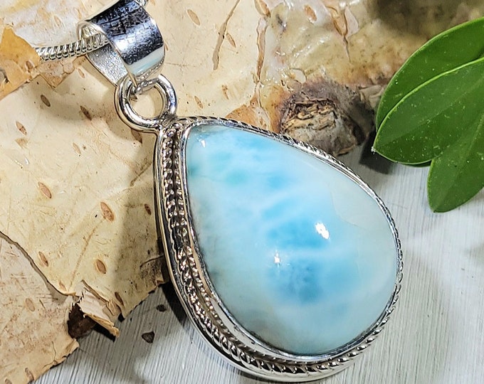 Natural Top Choice Dominican Larimar Handmade .925 Sterling Silver Pendant 1 1/2" x 3/4" 7 grams AB15