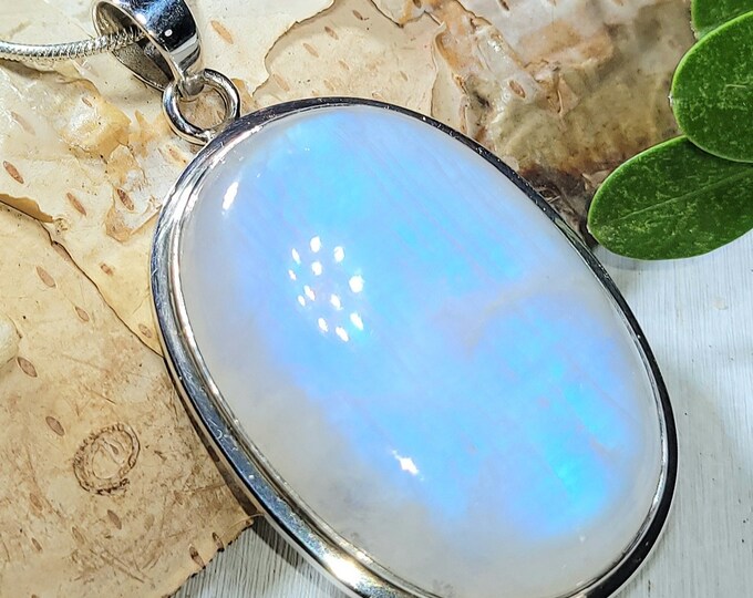 Natural AAAA Grade Multi Full Flash Rainbow Moonstone .925 Sterling Silver Pendant Measures 2 1/8" x 1 3/16" Weighs 22 Grams AM24