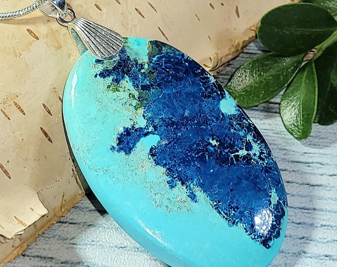 Natural AAA Huge Shattuckite Oval Cabochon .925 Sterling Silver Pendant 55ct 13 Grams 2 1/2" x 1 1/4" ER28 Sterling Silver Designer Bail