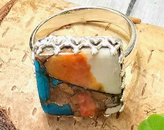 Spiny Oyster Turquoise Ring with Copper, Spiny Oyster Turquoise .925 Sterling Silver Ring, Size 7.5 Spiny Oyster Turquoise Ring.