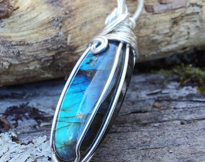 Natural AAA Grade Blue Labradorite Hand Wrapped .925 Sterling Silver Pendant 2" x  3/4" 10 Grams GC09 Handmade Wrapped Solid Sterling Silver