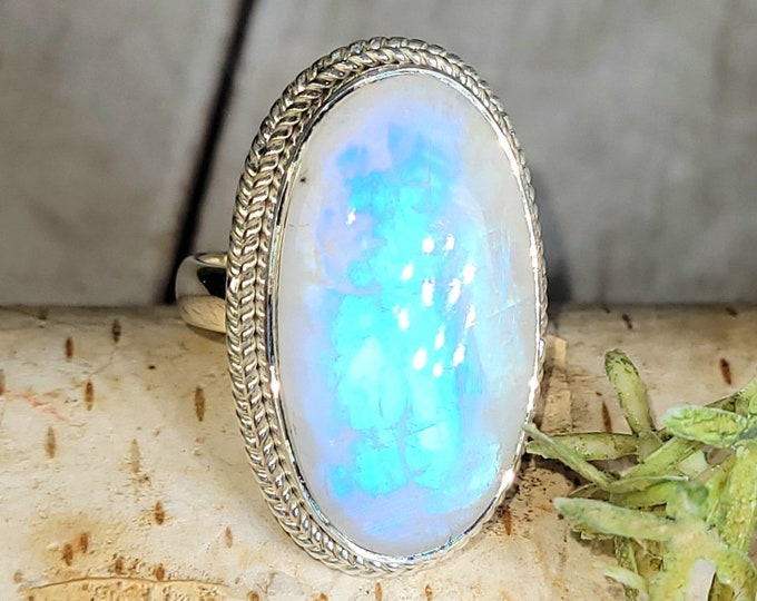 Moonstone Ring, Rainbow Moonstone Sterling Silver Ring, Premium Grade Moonstone Ring, Size 7, Statement Ring, Handmade Ring, GS