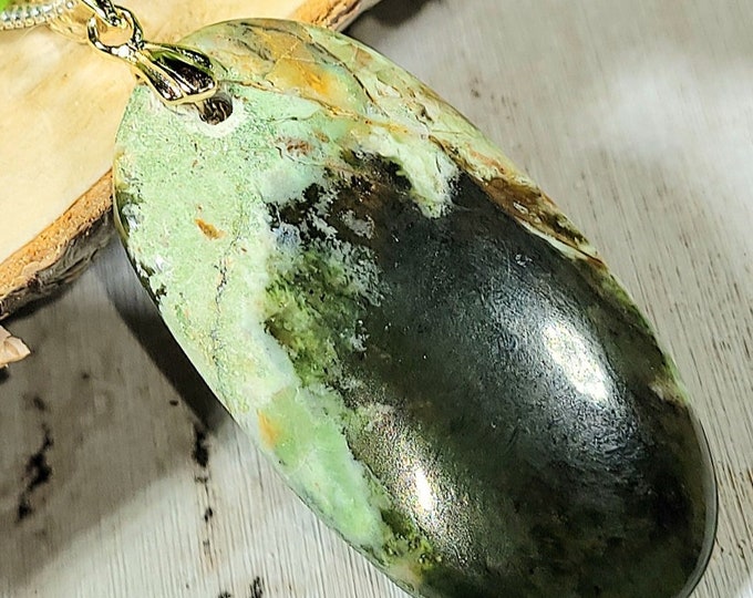 Natural Chrome Chalcedony Cabochon Sterling Silver Gold Plated Pendant 1 7/8" x 13/16" EG28 Sterling Silver Gold Plated Bail