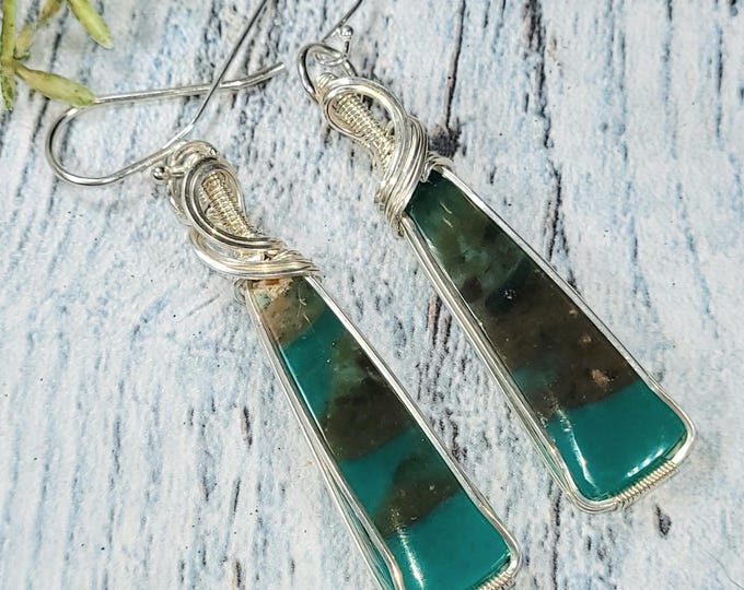 Blue Opalized Earrings, Petrified Wood Earrings, Sterling Silver Wire Wrapped Opalized Earrings, Sterling Silver Blue Opal Earrings JF06