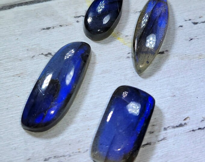 Natural AAA Blue Flash Labradorite Oval Cabochons 60ct 4 Stone Lot Wire Wrapping, Weaving, Pendant or Ring Mixed Sizes DA38 Gift Her or Him