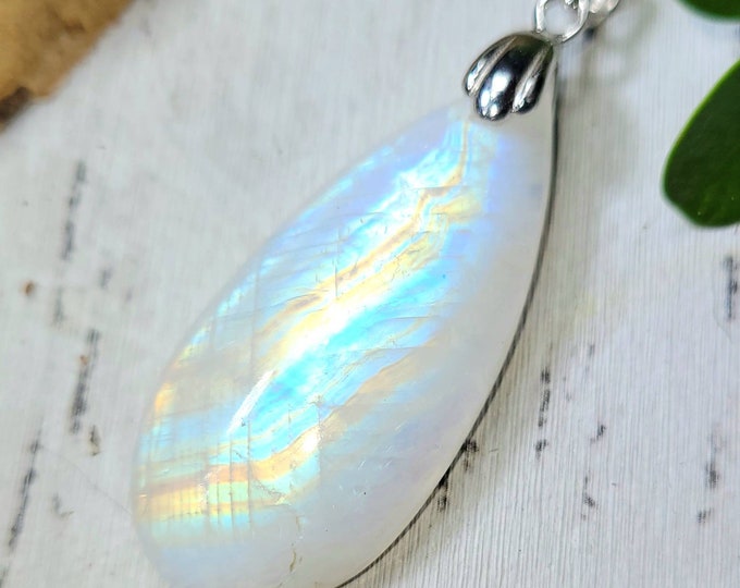 Moonstone Pendant, Rainbow Moonstone Pear Cabochon Sterling Silver Pendant, Multi Color Flash, Gift for Her, Handmade Pendant, DN12