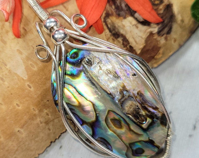 Abalone Shell Pendant, Wire Wrapped Abalone Sterling Silver Pendant, Solid Sterling Wire wrapped, Gift for Her, Statement Pendant, FF03