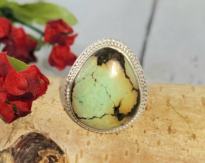 Tibetan Turquoise Sterling Silver Ring, Turquoise Boho Ring, Statement Ring; Handmade Ring, Premium Tibet Turquoise,Quality Ring Size 8