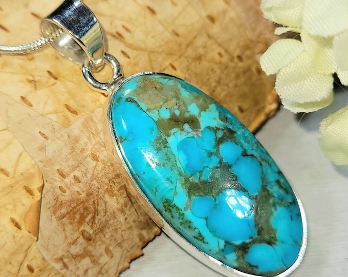 Natural Premium Grade Arizona Kingman Turquoise Handmade .925 Sterling Silver Pendant 1 7/8" x 11/16" 7 grams DC40
