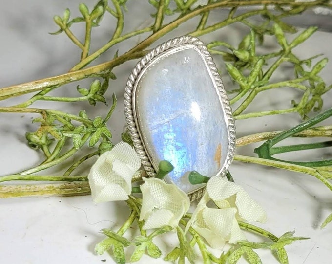 Natural Premium Grade Freeform Moonstone Handmade Sterling Silver Ring Size 8.25 Genuine High Quality Moonstone Gift for Her CZ