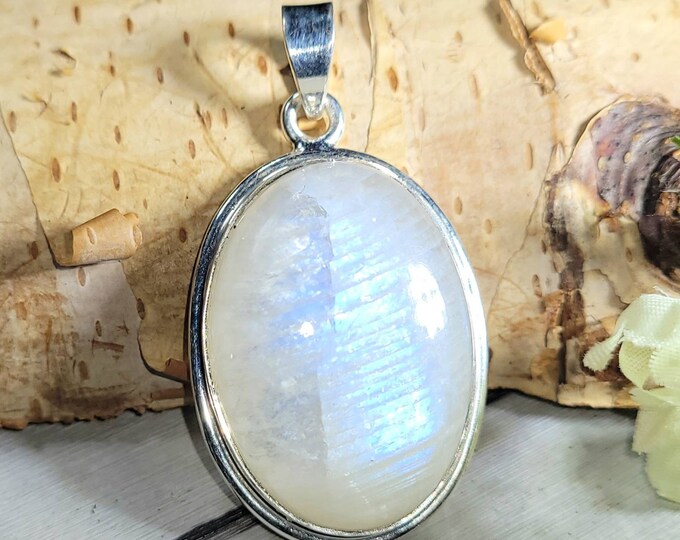 Natural Premium Grade Blue Flash Rainbow Moonstone Oval Handmade .925 Sterling Silver Pendant 1 3/4" x 1" 12 Grams CZ40