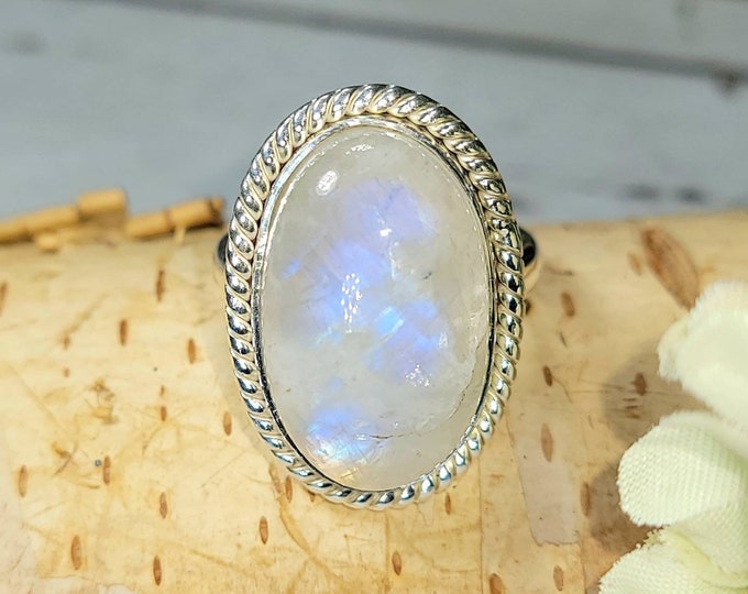 Natural Rainbow Moonstone Sterling Silver Ring Size 7 Genuine Moonstone, Boho Ring, Statement Ring, Gift for Her DE Handmade Ring