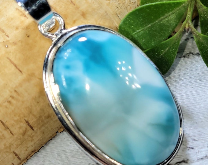 Handmade Larimar Sterling Silver Pendant: Dominican Boho Statement Jewelry