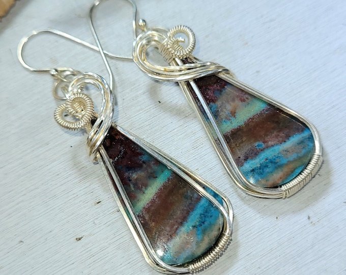 Blue Opalized Earrings, Opalized Sterling Silver Wire Wrapped Earrings, Petrified Wood Earrings, Hand Wrapped Earrings, Gift for Her DR26