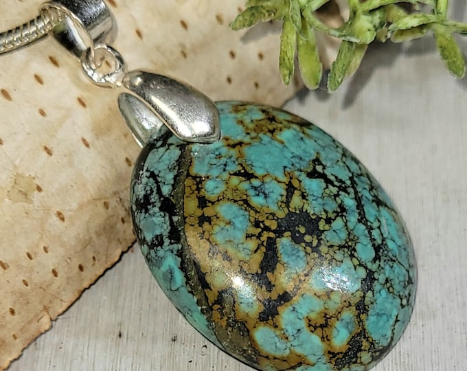 Turquoise Pendant, Tibet Turquoise Sterling Silver Pendant, Oval Turquoise Pendant, Handmade Turquoise Sterling Silver Pendant, HJ21