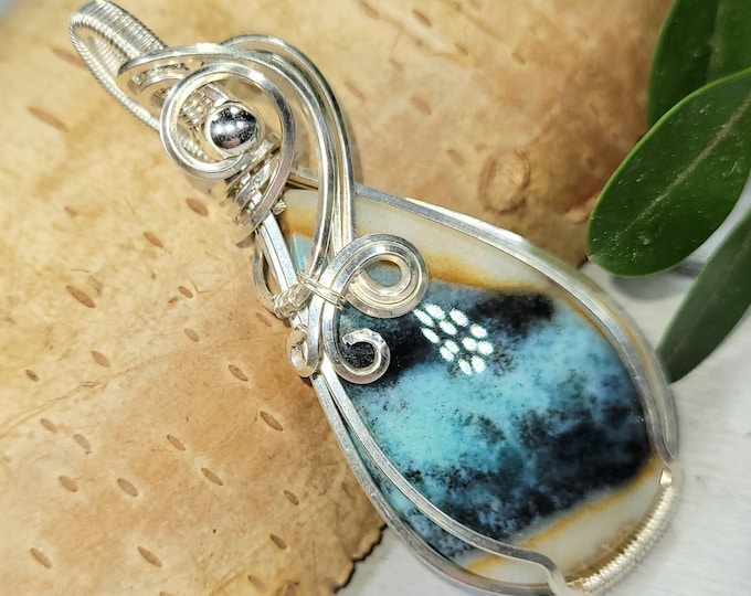 Natural Blue Opalized/Petrified Wood wire wrapped .925 Silver Pendant, Sterling Silver Wire Wrapped pendants, Handmade Stone Jewelry DT03