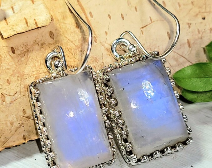 Natural Premium Grade Blue Flash Moonstone .925 Sterling Silver Crown Prong Setting Earrings 10 Grams 1 3/8" x 1/2" AQ24