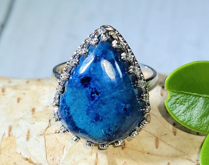Natural Good Quality Shattuckite Handmade Pear .925 Crown Prong Sterling Silver Ring Size 6 6 Grams Face 3/4" x 5/8" CB12