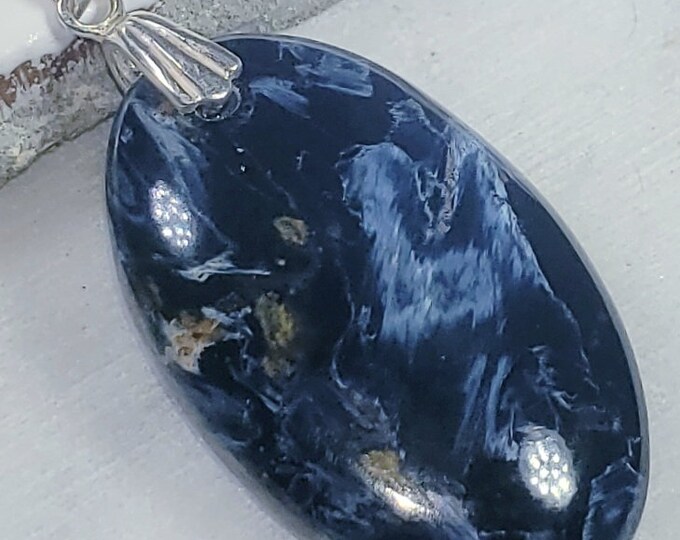 Natural Top Choice Blue Pietersite Oval Cabochon  .925 Sterling Silver Pendant 1 3/4" x 13/16" EA2(09) Rhodium Plated Bail