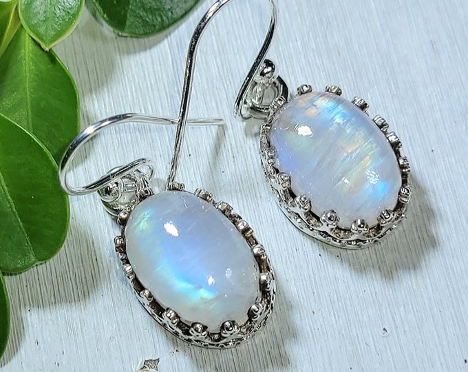 Natural High Grade Blue Flash Moonstone .925 Sterling Silver Crown Prong Setting Earrings 5 Grams 1 1/8" x 7/16" AP37