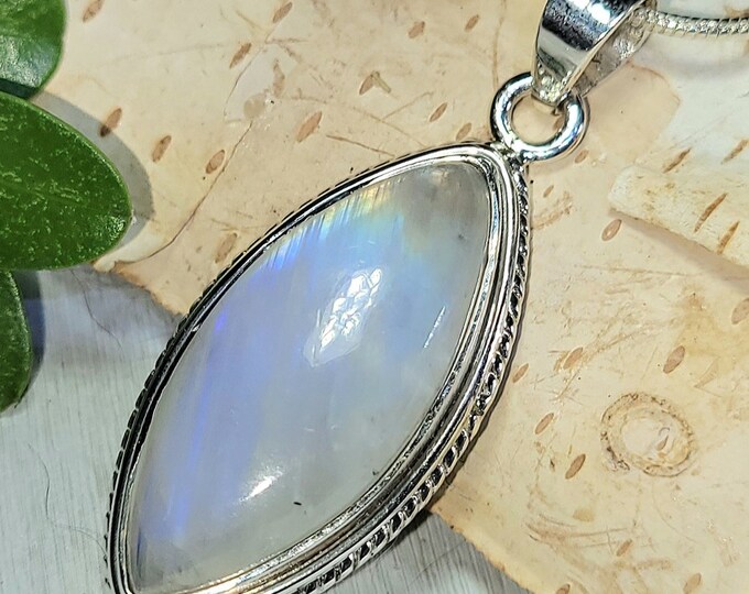 Natural Blue Flash Marquise Shape Rainbow Moonstone .925 Sterling Silver Pendant 1 5/8" x 5/8" 7 Grams EX07