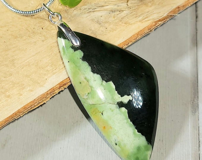 Natural High Grade Chrome Chalcedony Cabochon .925 Sterling Silver Pendant 1 5/8" x 3/4" EH02 Sterling Silver Bail