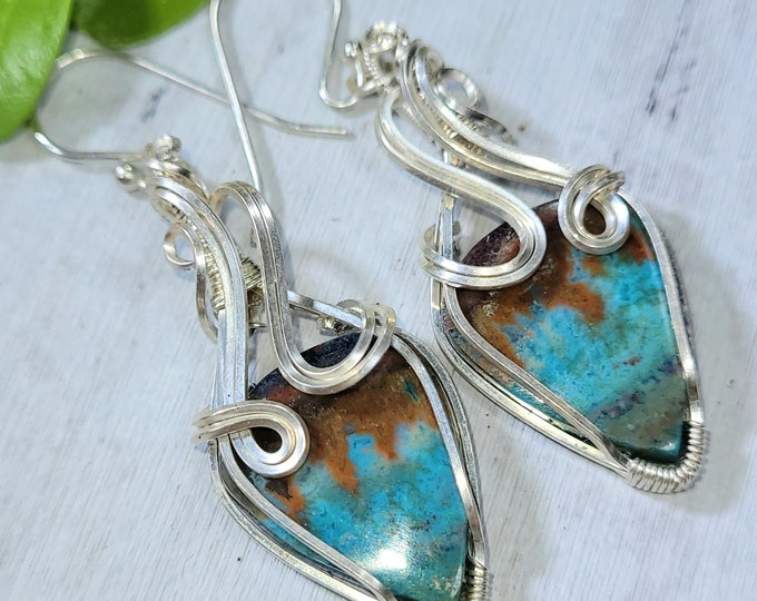 Blue Opalized Petrified Wood Earrings, Sterling Silver Wire Wrapped