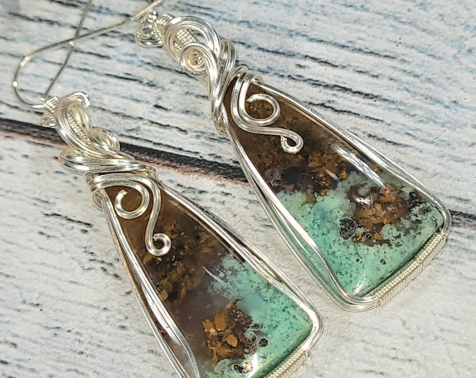 Blue Opalized Petrified Wood Earrings: Sterling Silver Wire Wrapped
