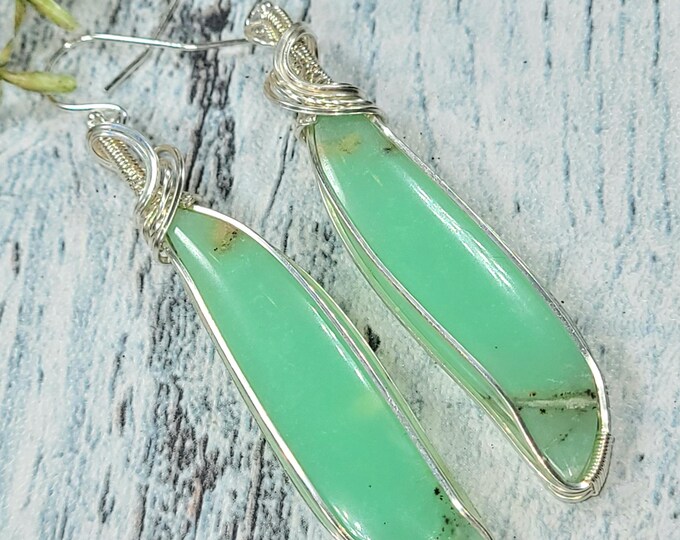Chrysoprase Earrings, Chrysoprase Earrings, Sterling Silver Wire Wrapped Chrysoprase Earrings, Sterling Silver Designer Earrings, JG06