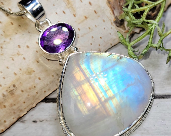 Moonstone Pendant, Amethyst Pendant, Rainbow Moonstone Sterling Silver Pendant, AAAA Moonstone Pendant,Gift for Her, Statement Pendant, GJ36