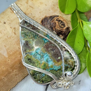 Natural Chrysocolla, Copper Chrysocolla Pocket Druzy Wire Wrapped .925 Silver Pendant, Sterling Silver Wire Wrapped Pendants, FE11