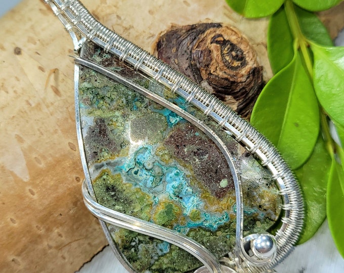 Natural Chrysocolla, Copper Chrysocolla Pocket Druzy Wire Wrapped .925 Silver Pendant, Sterling Silver Wire Wrapped Pendants, FE11