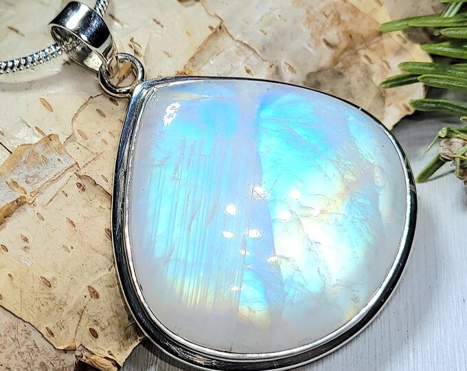 Natural AAAA Grade Multi Full Flash Rainbow Moonstone .925 Sterling Silver Pendant Measures 2" x 1 1/2" Weighs 23 Grams AK35