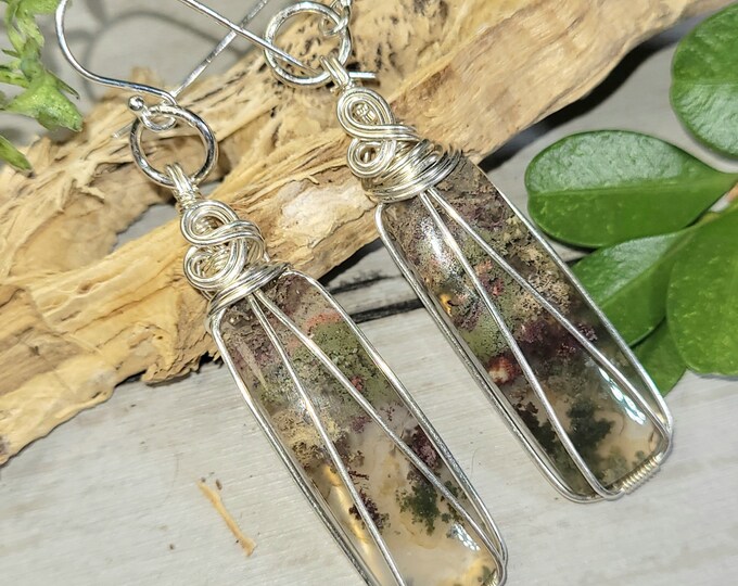 Moss Agate Earrings, Moss Agate Wire Wrapped Earrings, Sterling Silver Wire Wrapped Earrings, Green Moss Agate Wire Wrap Earrings GE14
