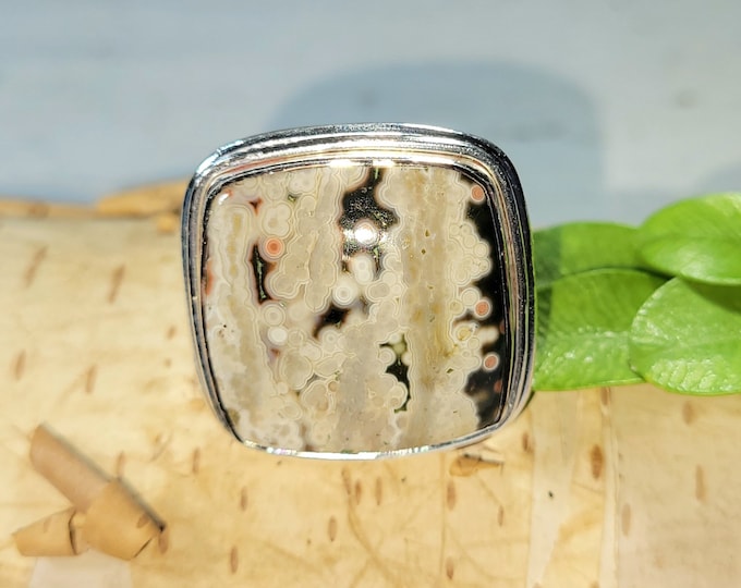 Natural High Grade Ocean Jasper Cushion .925 Sterling Silver Ring Size 8.5 High Quality Ocean Jasper Genuine Stones Gift for Her