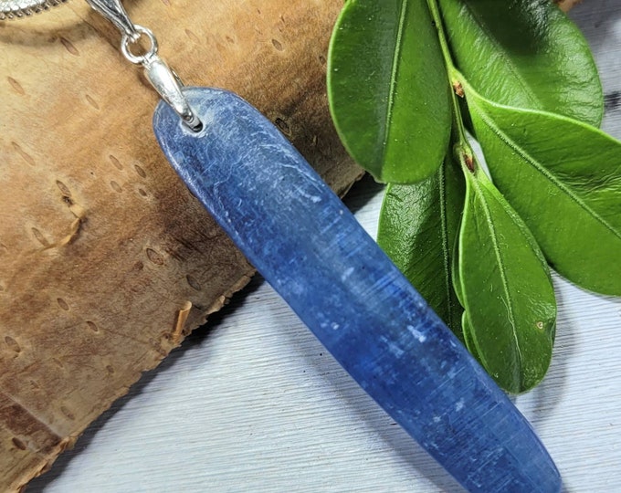 Natural Kyanite Oval Cabochon .925 Sterling Silver Pendant 2 1/4" x 3/8" FJ16 Sterling Silver Custom Bail