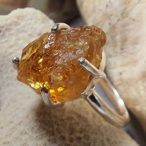 ハンドメイドの天然シトリンスターリングシルバーリング - サイズ8