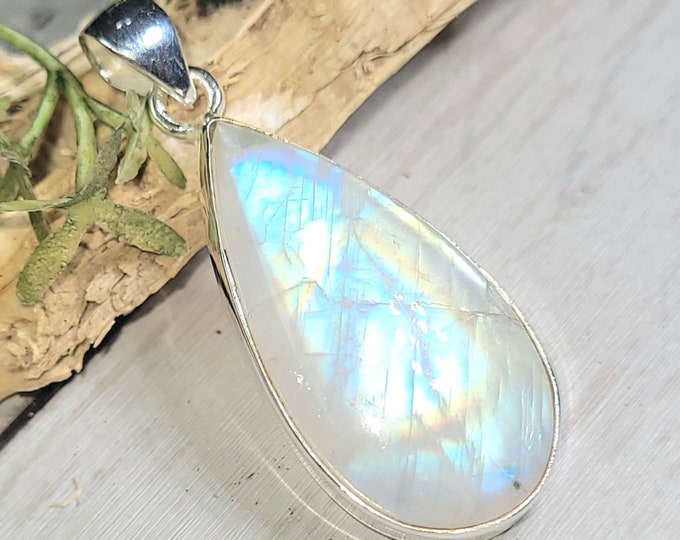 Natural Premium Grade Multi Flash Rainbow Moonstone Pear Handmade .925 Sterling Silver Pendant 1 11/16" x 11/16" 7 Grams GE05