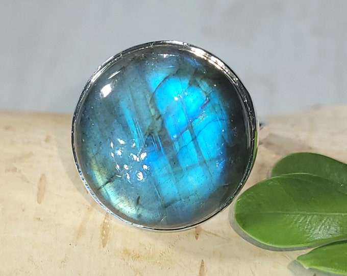 Natural High Grade Blue Flash Round Labradorite Handmade .925 Sterling Silver Ring Size 6.5 Genuine Full Blue Flash Labradorite Gift for Her