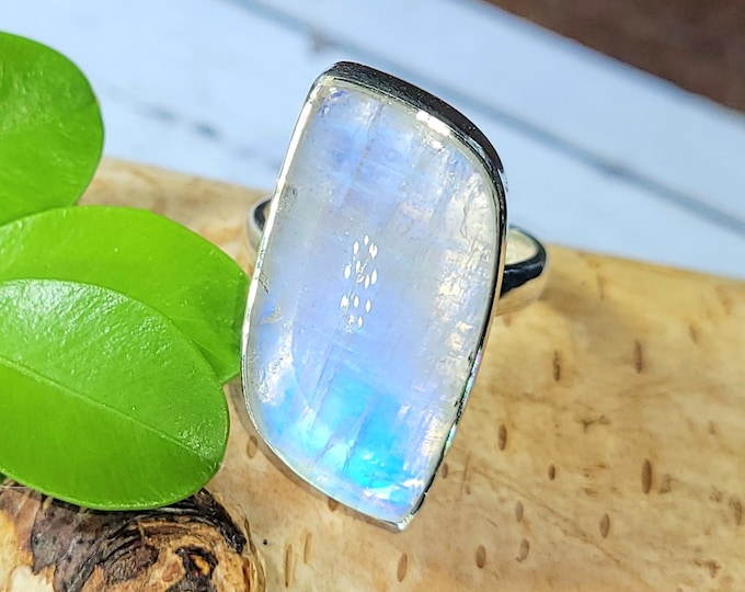 Moonstone Ring, Freeform Moonstone Sterling Silver Size 6 Ring, Handmade Moonstone Ring, Statement Ring, Gift for Her, Blue Moonstone FB