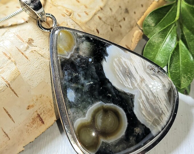 Natural Best Grade Stunning Ocean Jasper Oval Handmade .925 Sterling Silver Pendant 2 1/8" x 1 3/8" 16 Grams AN14