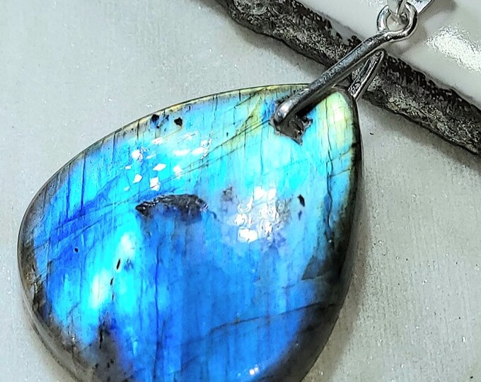 Natural High Grade Blue Flash Labradorite Cabochon .925 Sterling Silver Pendant 1 7/8" x 1 1/8"  ED01 Sterling Silver Heavy Duty Bail