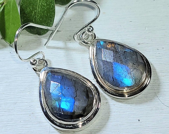 Natural Rose Cut Full Blue Flash Labradorite Pear Handmade .925 Sterling Silver Earrings 7 Grams 1 3/8" x 9/16" AQ22