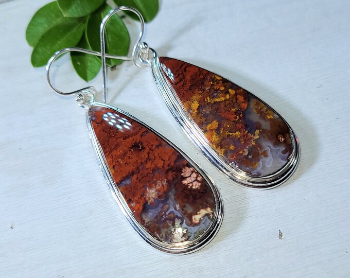 Natural High Grade Red Plume Moss Agate Pear Handmade .925 Sterling Silver Earrings 16 Grams 2 1/8" x 3/4" CO11 Gift for Her