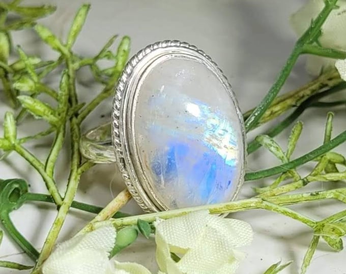 Natural Premium Grade Oval Moonstone Handmade Sterling Silver Ring Size 7 Genuine High Quality Moonstone Gift for Her CZ