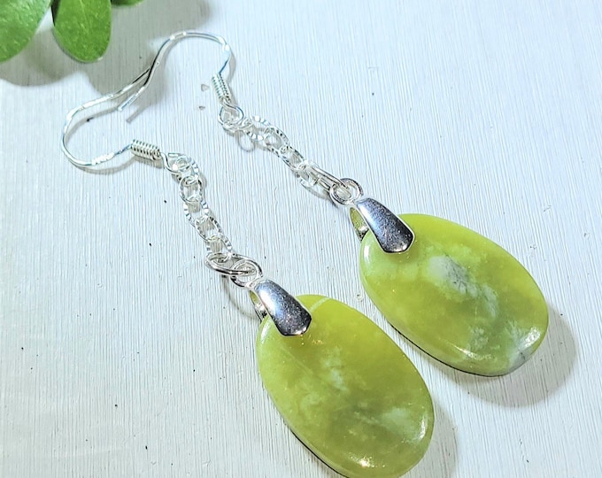 Natural Green Opal Cabochon Oval  .925 Sterling Silver Bead Earrings Dangle 2 1/2" x 9/16" AD03 "Diamond Cut Chain"